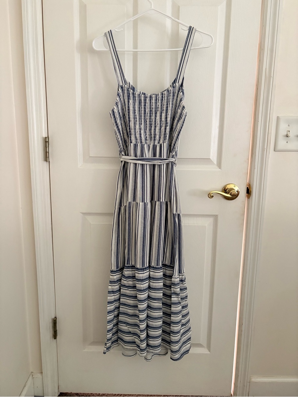Blue & White Striped Button-Front Maxi Dress with Waist Tie - Picture 5 of 8